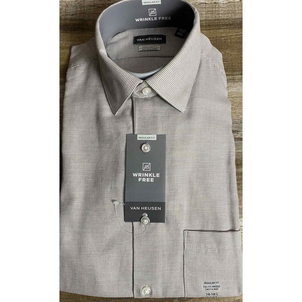 Van Heusen Men's Dress Shirt Regular fit Grey wrinkle free 14-14.5 32-33 Button